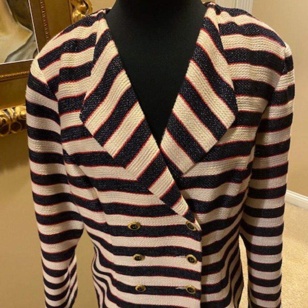 CAbi Cruise Striped Blue Ivory Red Jacket Blazer Nautical Sz 14 - Picture 3 of 6